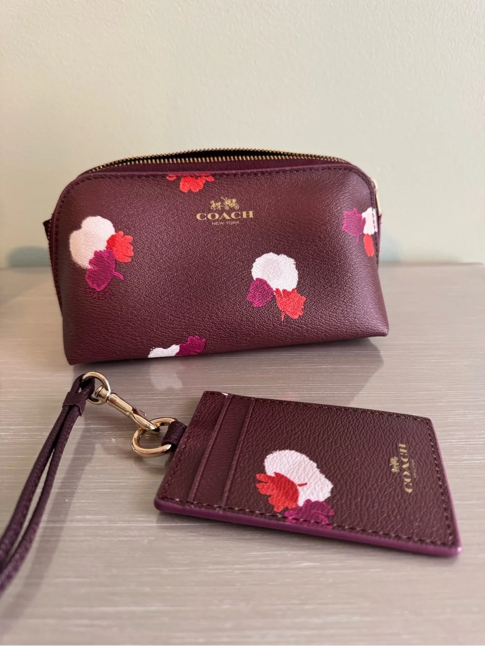 Coach Burgundy Floral Leather Cosmetic Pouch with Matching ID Holder